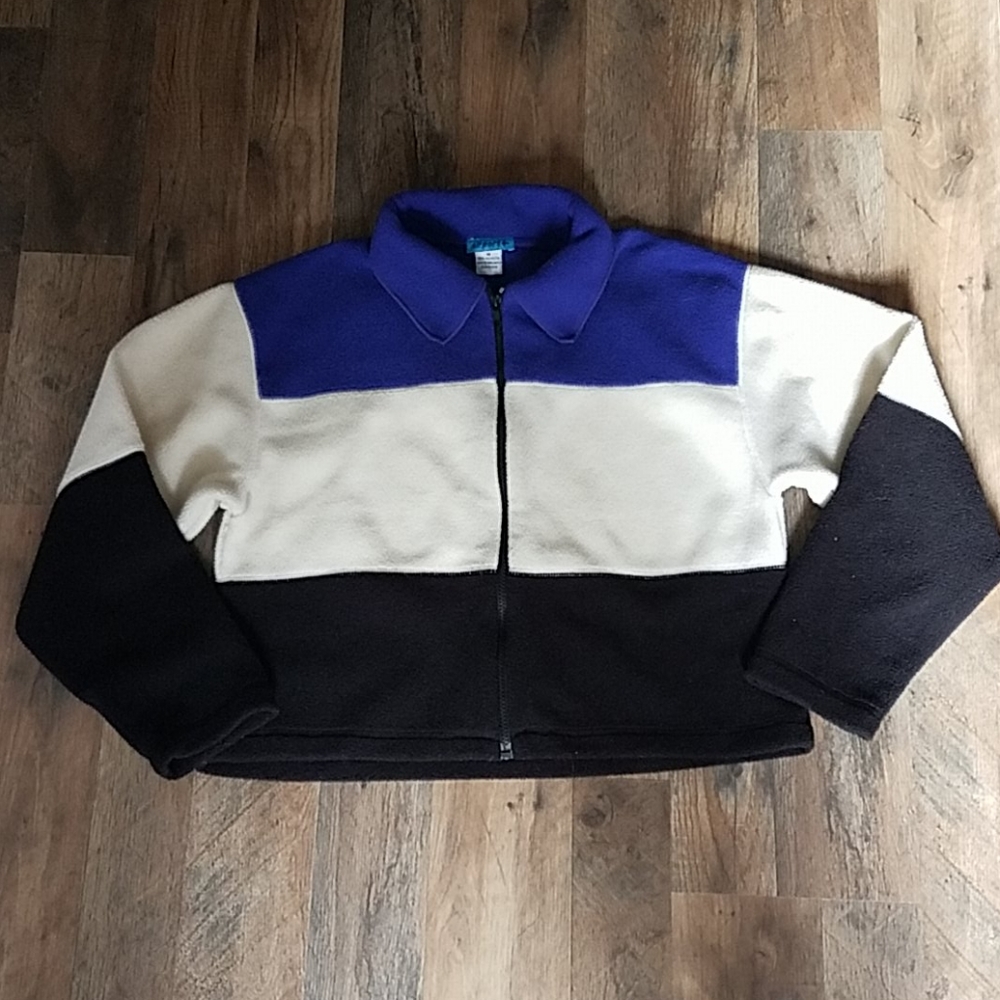 Blue , white , and black cropped zip up jacket